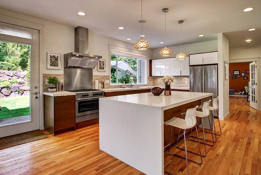 Modern brown lower base cabinets with white glossy upper storage