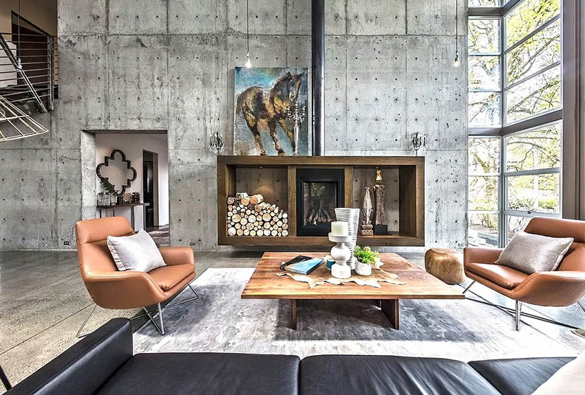 Modern living room with brown leather furniture and wood accents