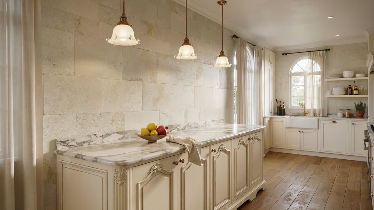 Cream travertine wall behind an ornate carved island under three glass pendants