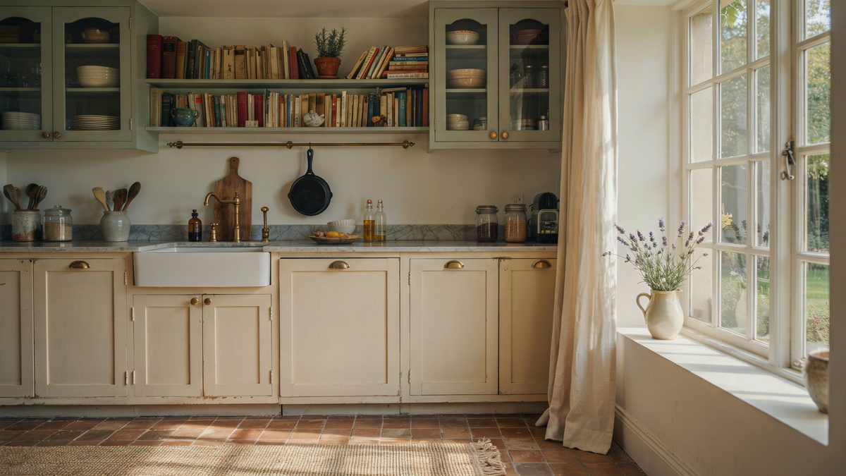 Antique cream and sage green cabinets with cookbooks shelved above and brick flooring