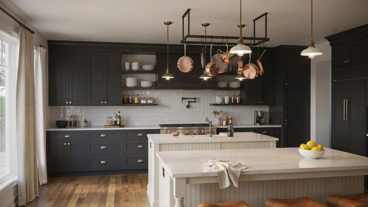 Charcoal wall cabinets and a cream island beneath a black rack of copper pans