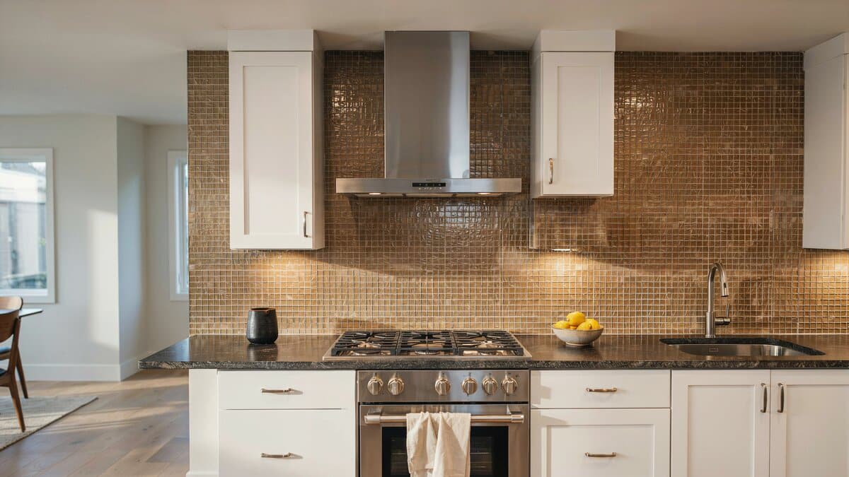 Bronze glass mosaic tiles run wall to wall behind a stainless range hood