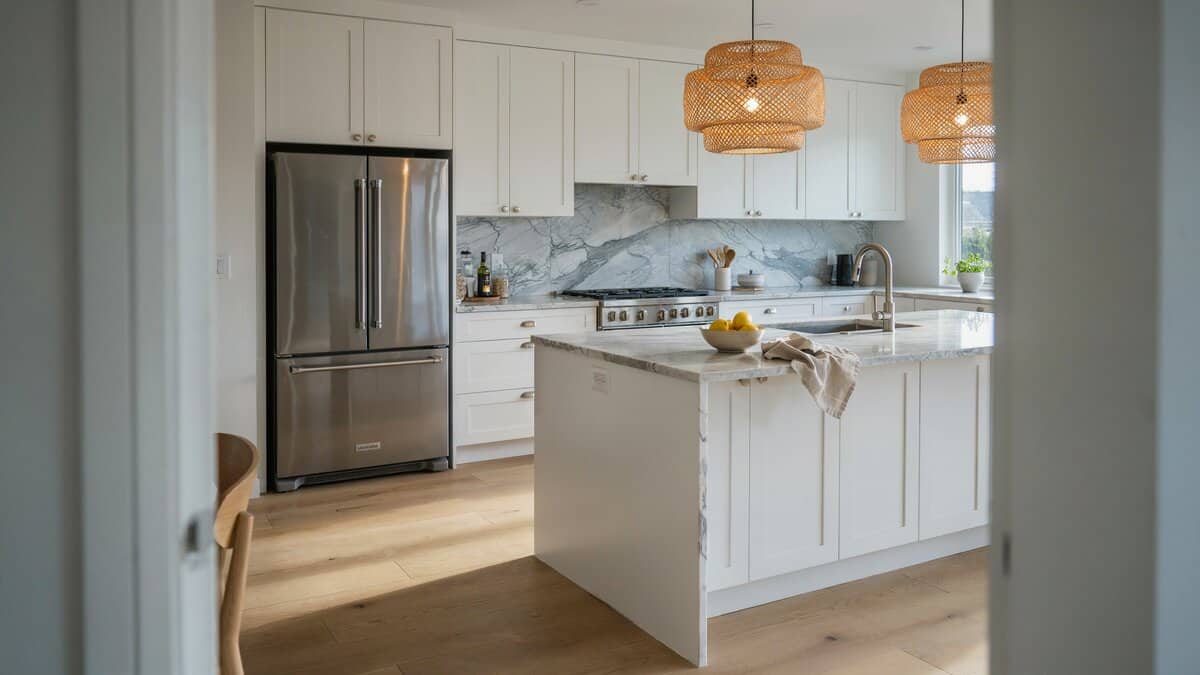 Veined marble slab backsplash pairs with woven rattan pendants over a white island