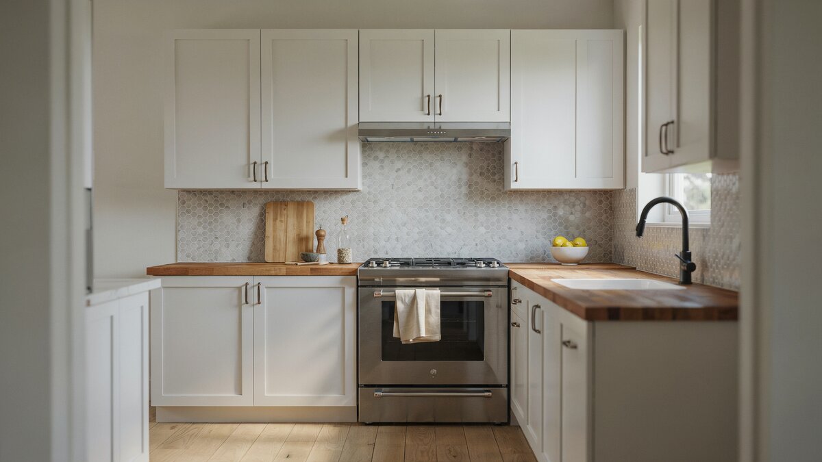 Small mosaic tiles above a range with white shaker cabinets and butcher block counters