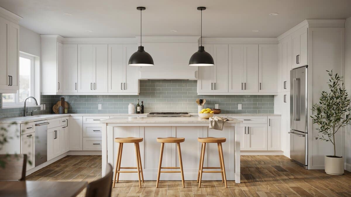 Transitional kitchen with white cabinets, breakfast bar and industrial dome pendant lights