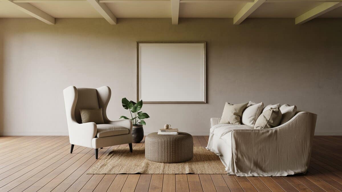 Transitional living room with hardwood flooring, open ceiling beams and neutral sofa