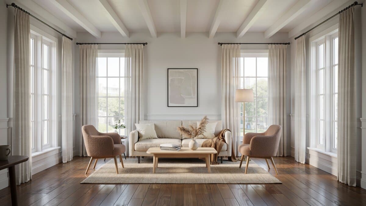 Transitional living room with white wainscoting, box beam ceiling and dark wood floors