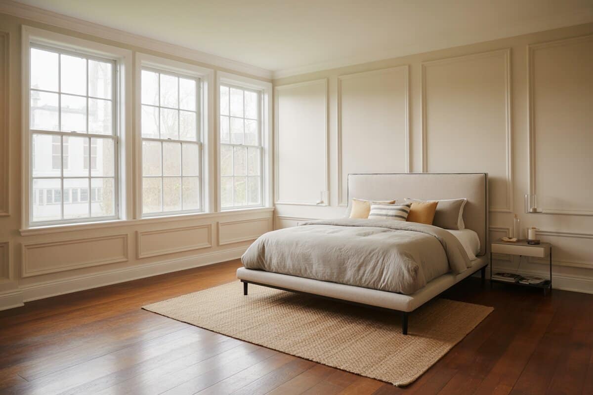 Transitional bedroom with white wainscoting, picture windows and contemporary upholstered bed