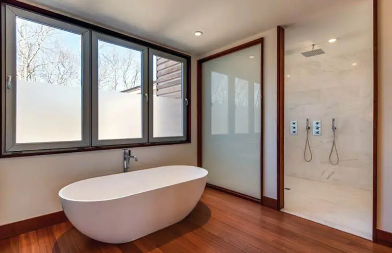 Asian style bathroom with frosted glass privacy shower