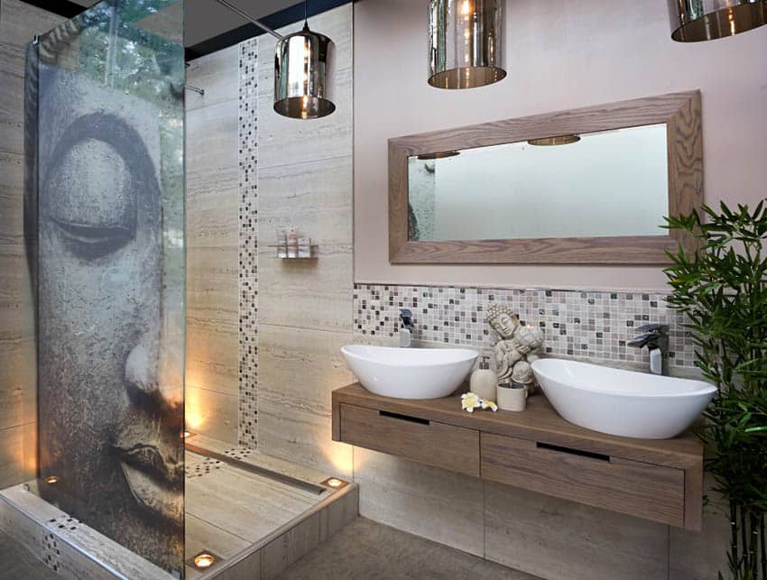 Asian style master bathroom with wood counter vanity walk in shower and pendant lights