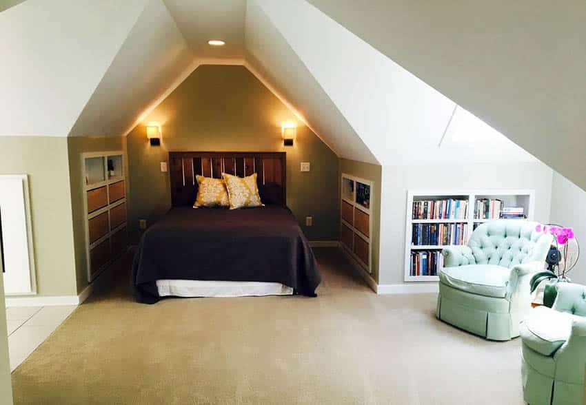 Attic bedroom with wall niches for books and storage bins