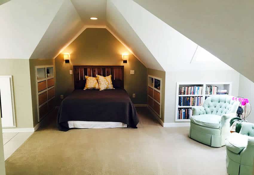 Attic bedroom with storage niches for books and storage bins