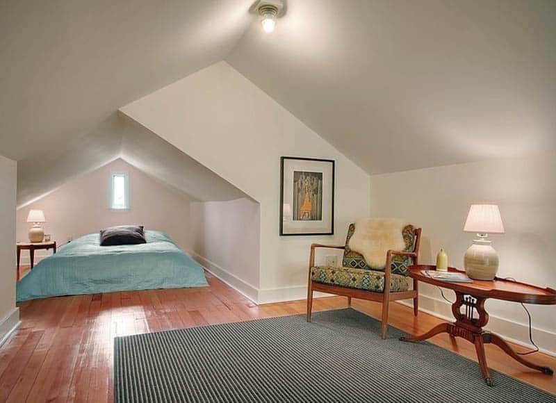Attic bedroom with bed under roof eaves