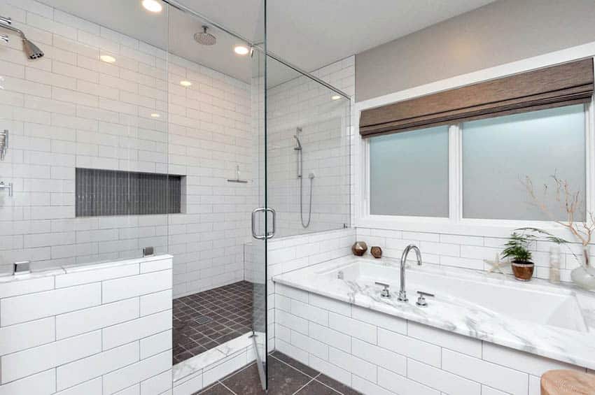 Bathroom with white subway tiles