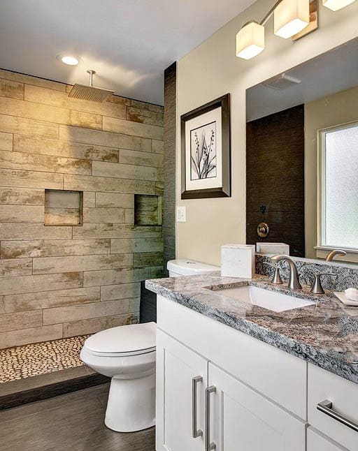 Bathroom with wood style porcelain tile shower