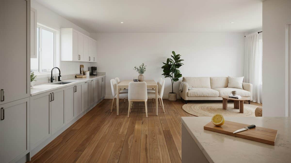 White upper and gray lower cabinets in a bright open plan layout