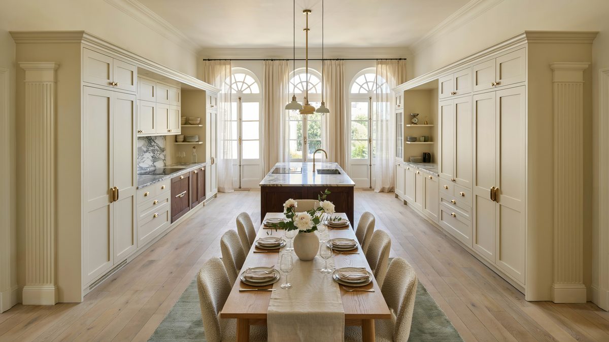 Two cream cabinet runs flanking a dining table with twin wengue islands