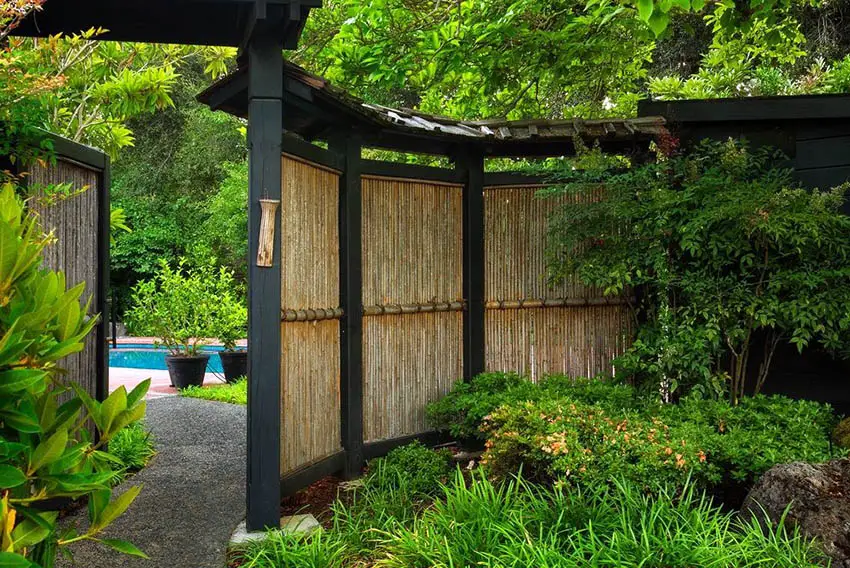 Contemporary landscaped yard with Asian style bamboo and wood privacy fence