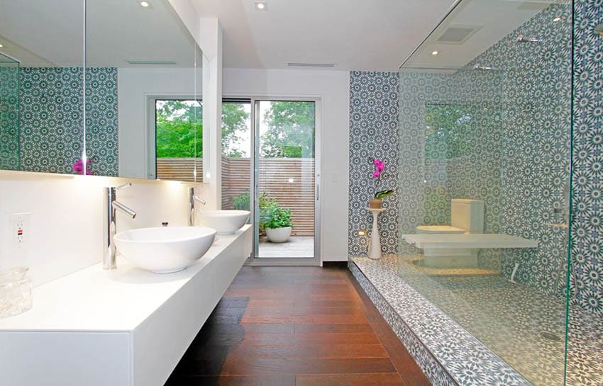 Contemporary master bathroom with shower and cement pattern tile