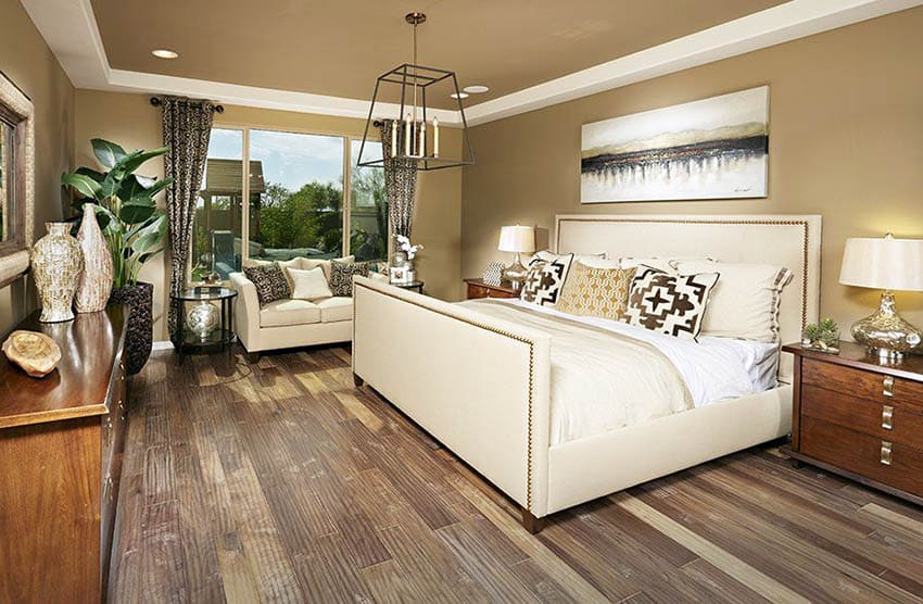 Contemporary master bedroom with hand scraped hardwood floors