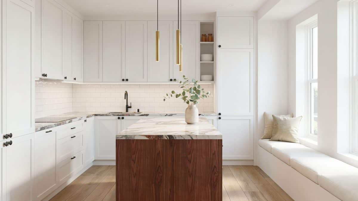 Calacatta Colorado marble counters with a mahogany breakfast bar island