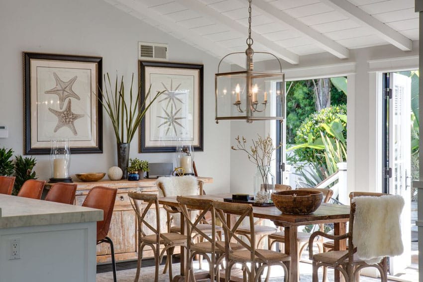 Cottage dining room with exterior french doors