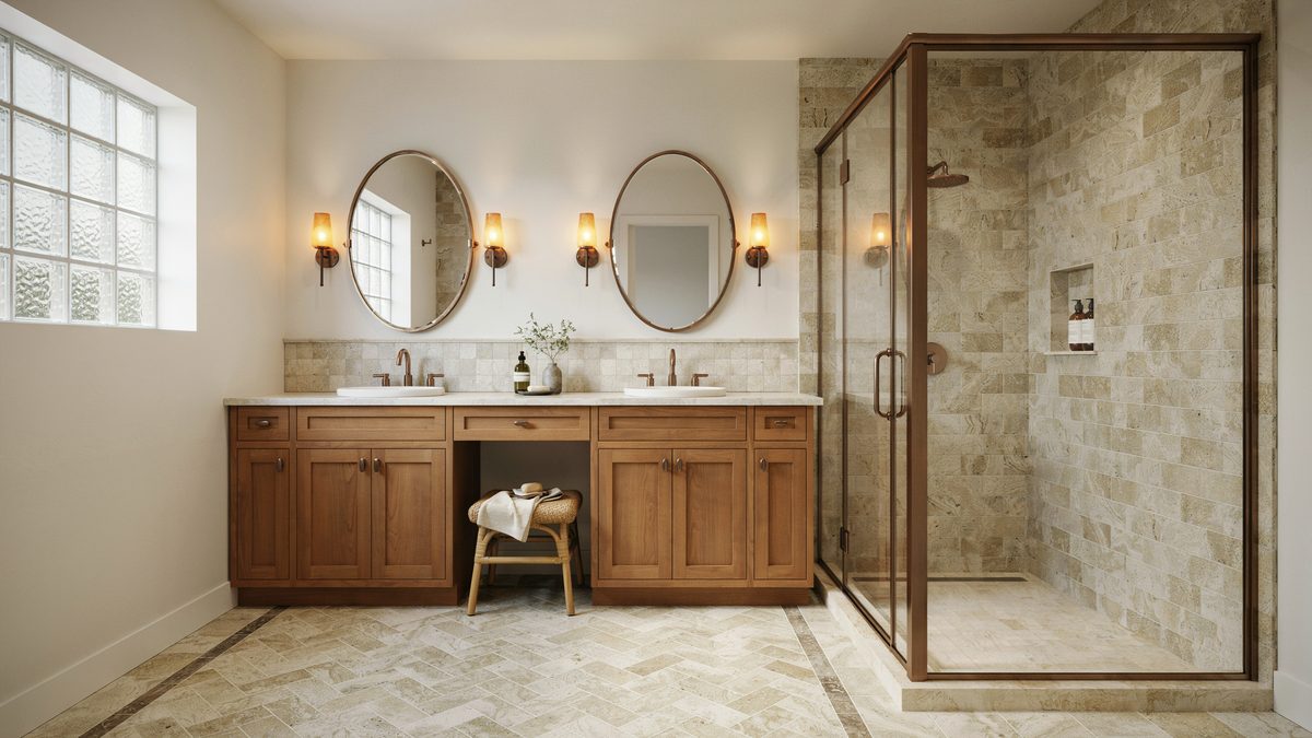 Bronze framed corner shower beside a double wood vanity with oval mirrors