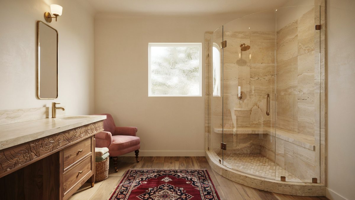 Curved glass shower enclosure beside a carved wood vanity and red rug