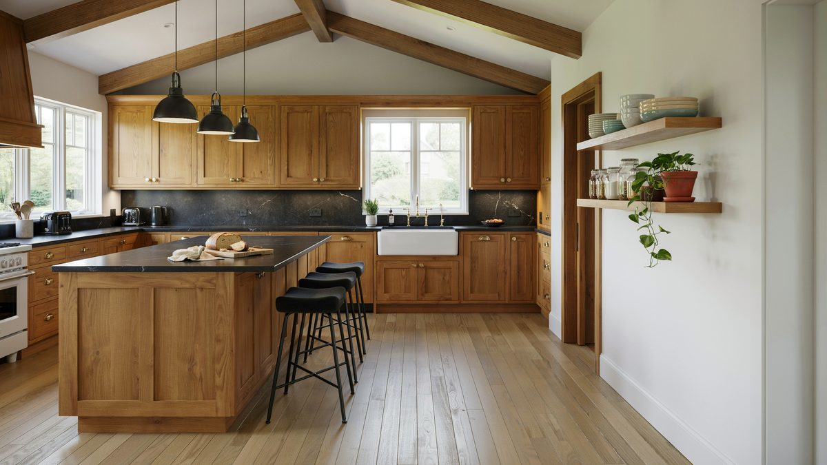Teak cabinets and black granite counters beneath a vaulted wood ceiling