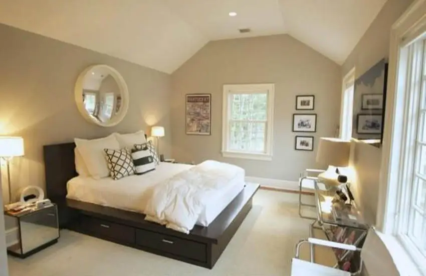 Decorated attic bedroom with platform bed