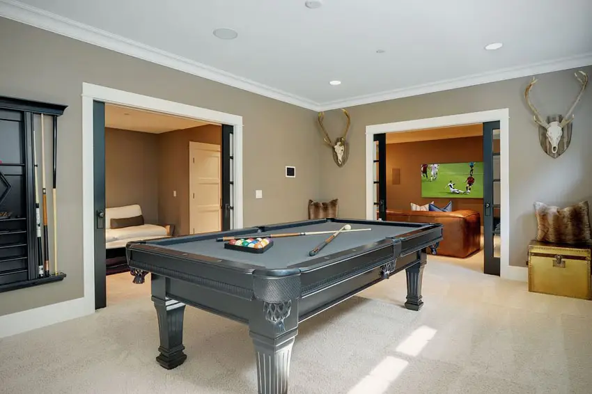 Game room with sliding pocket doors and pool table