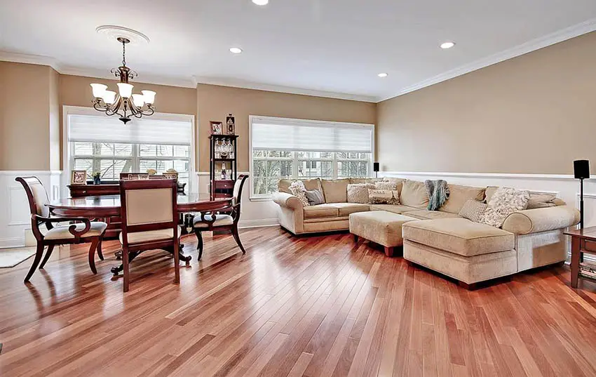 Great room with engineered cherry wood flooring