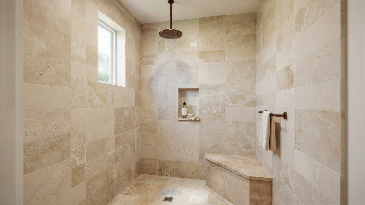 Small travertine shower with a corner bench, high window and rainfall head
