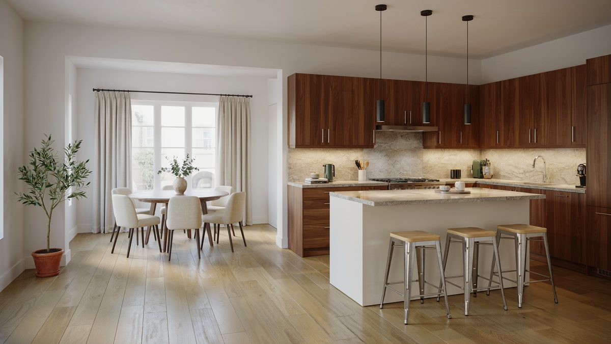 Wengue and white two level island with beige granite and metal stools