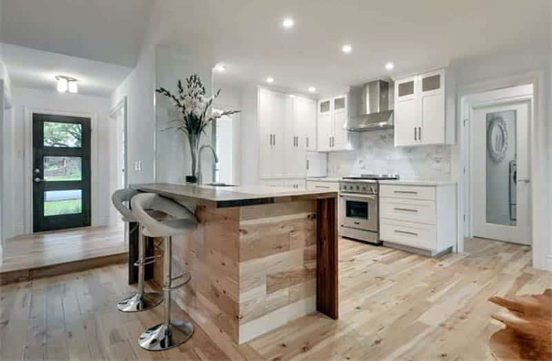 Kitchen with hickory wood flooring and island