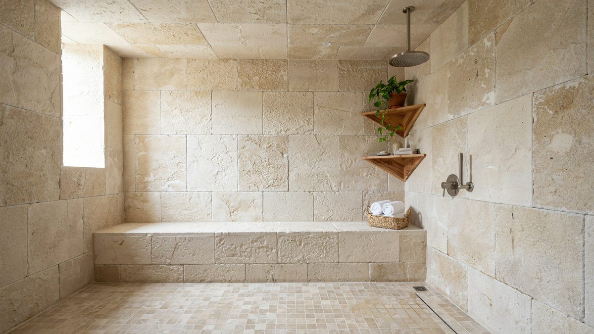 Long travertine bench under wood corner shelves in a wide stone shower