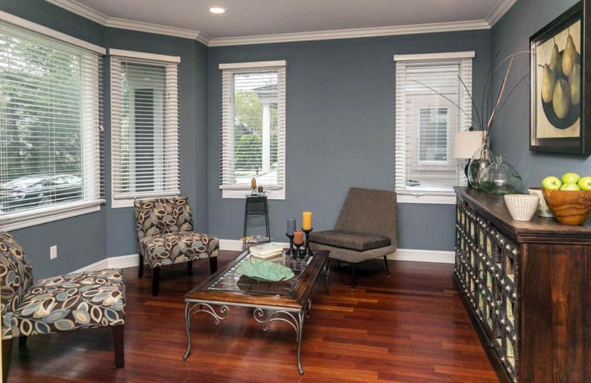 Living room with Brazilian wood flooring and gray paint walls
