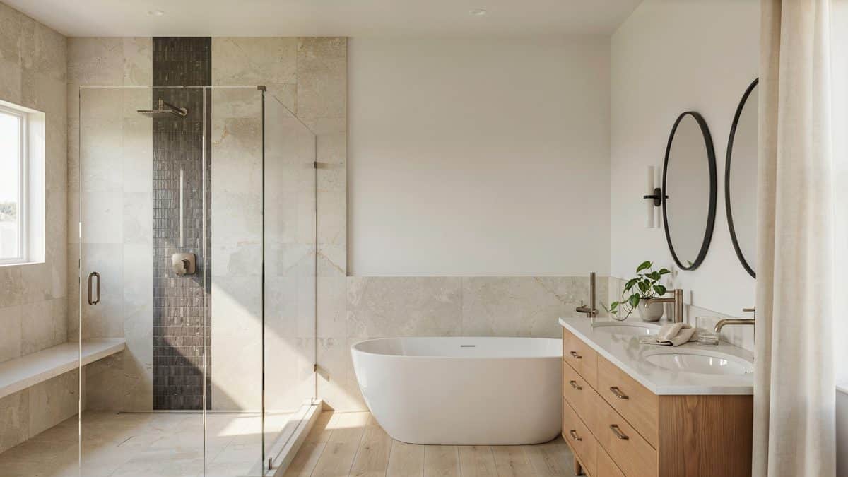 Mosaic insert panel in a travertine shower beside a freestanding modern tub