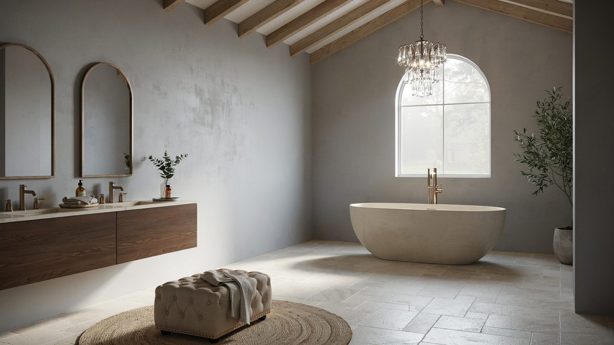Vaulted bathroom with arched window, chandelier and tufted ottoman on round rug