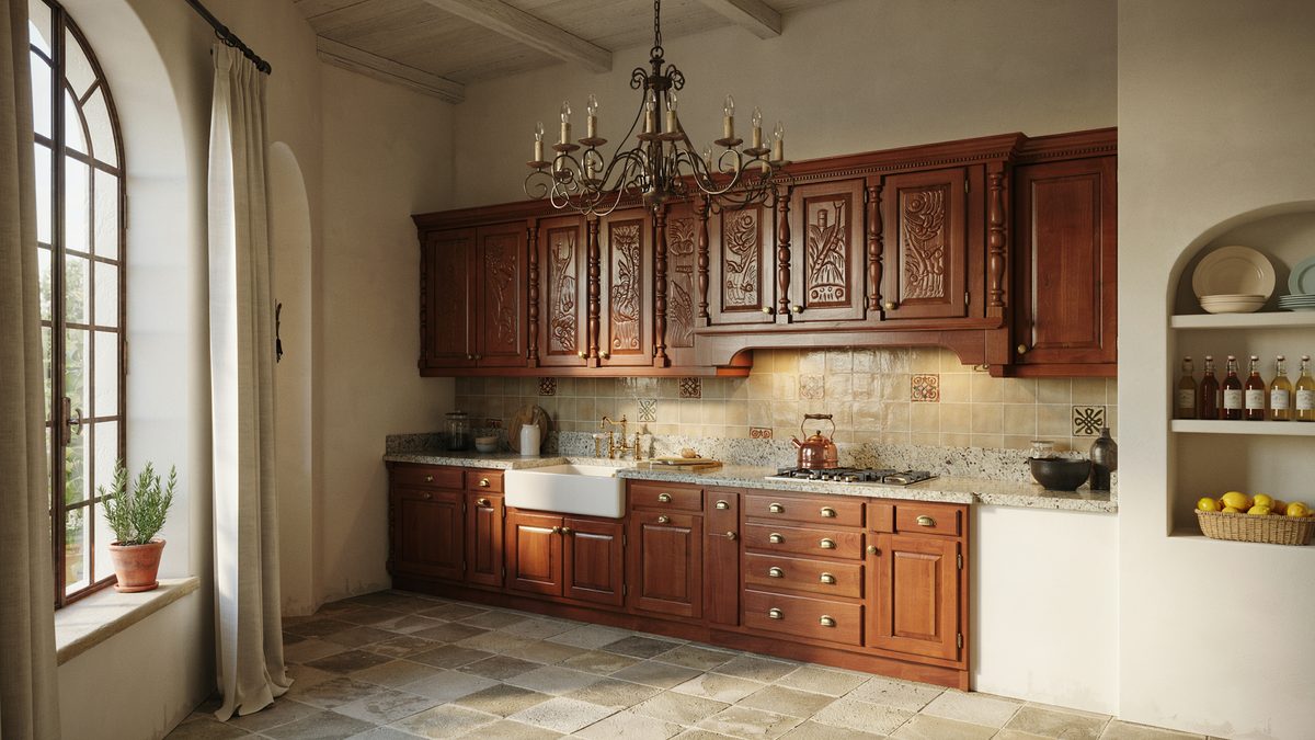 Carved mahogany cabinetry with turned posts above natural stone block flooring
