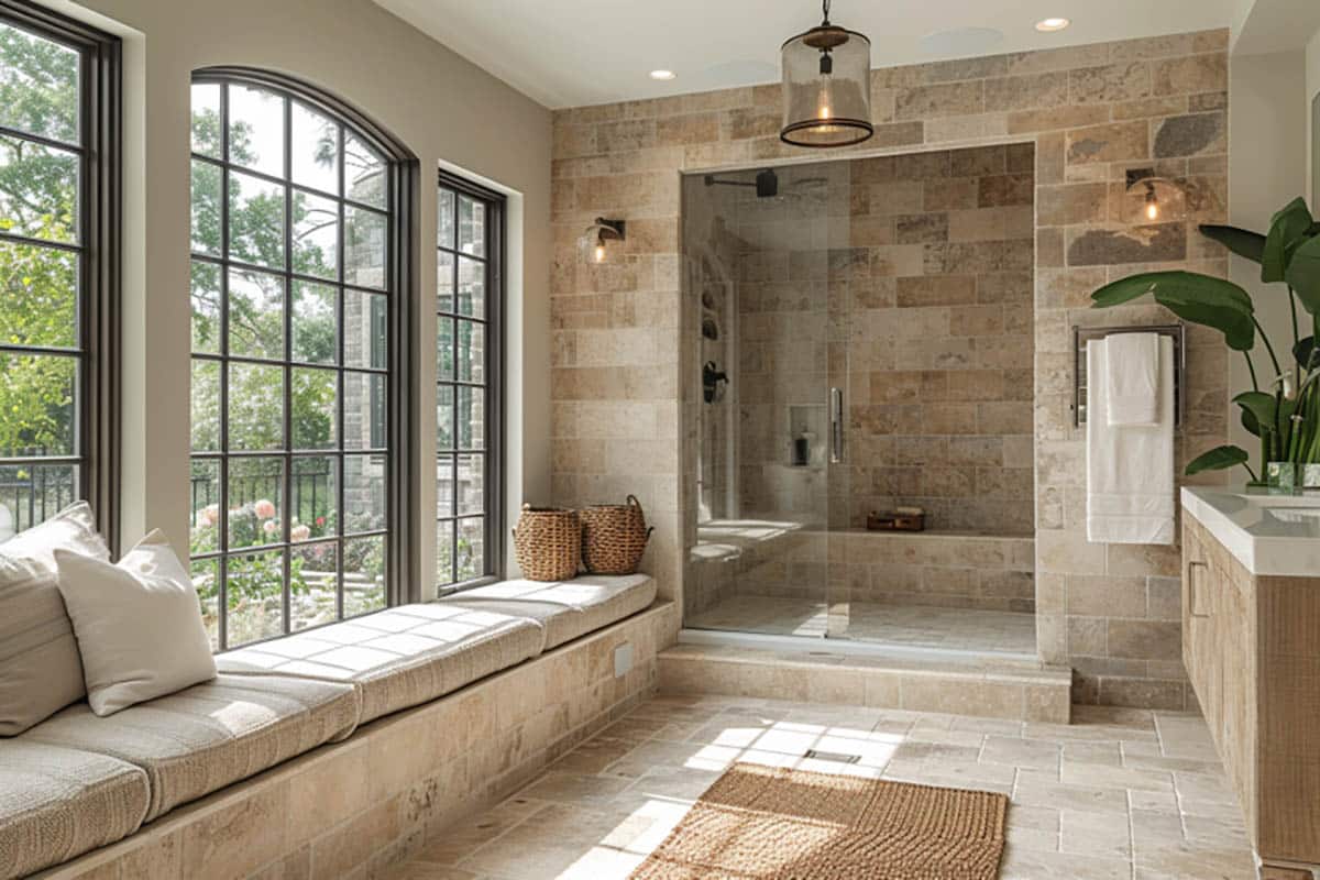 Luxury bathroom with travertine for walls and shower