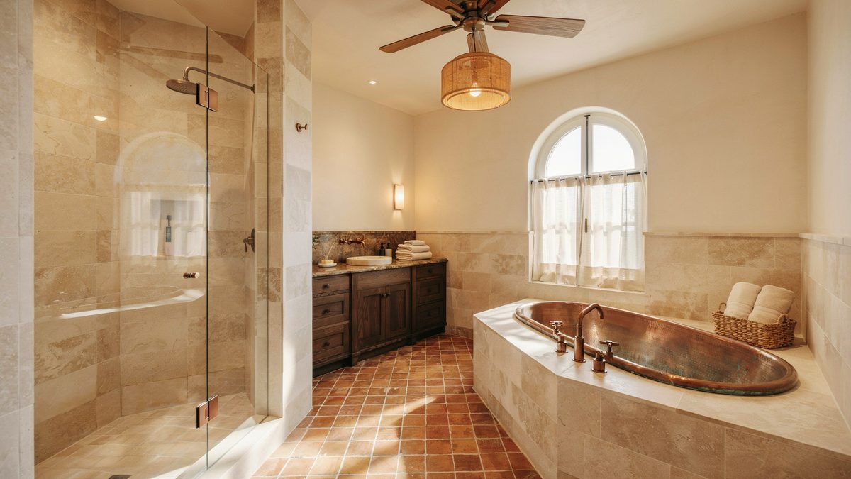 Copper tub on terracotta floor under a ceiling fan and glass shower