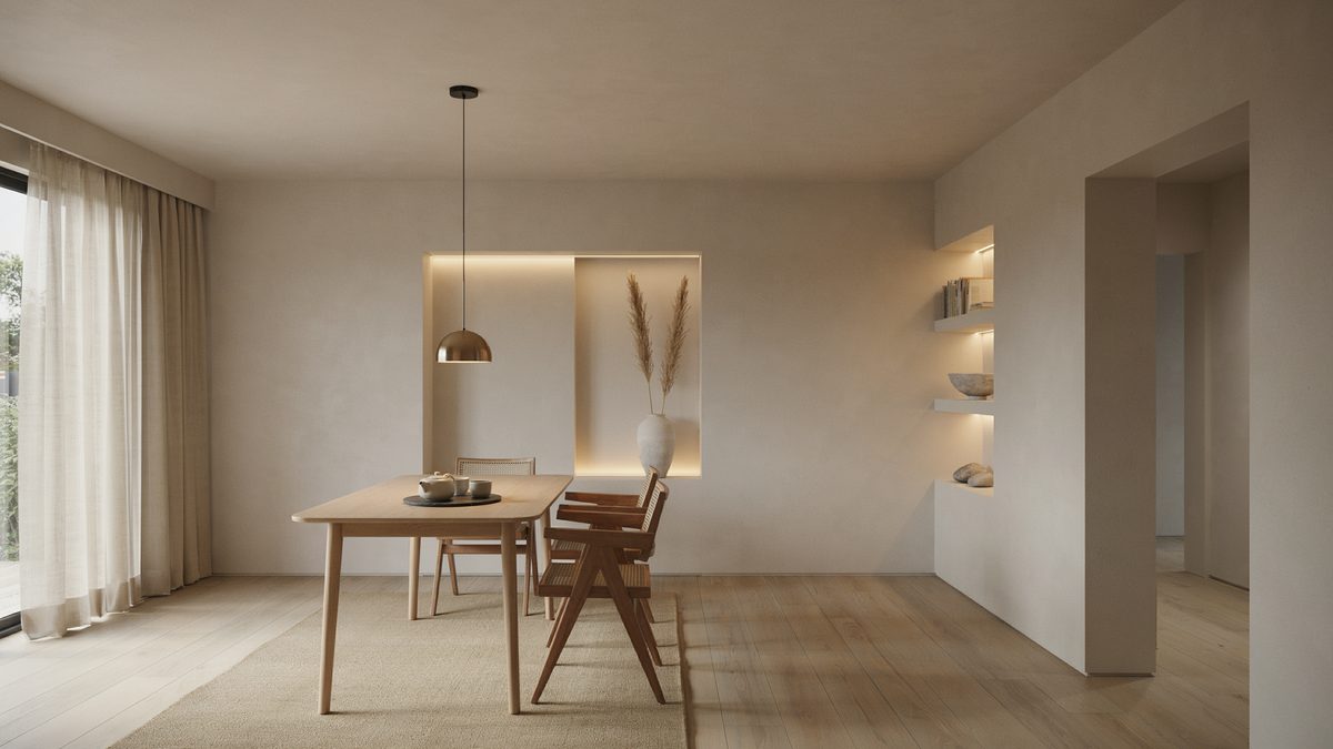 Compact wood table beside a wall of lit niches and open shelves