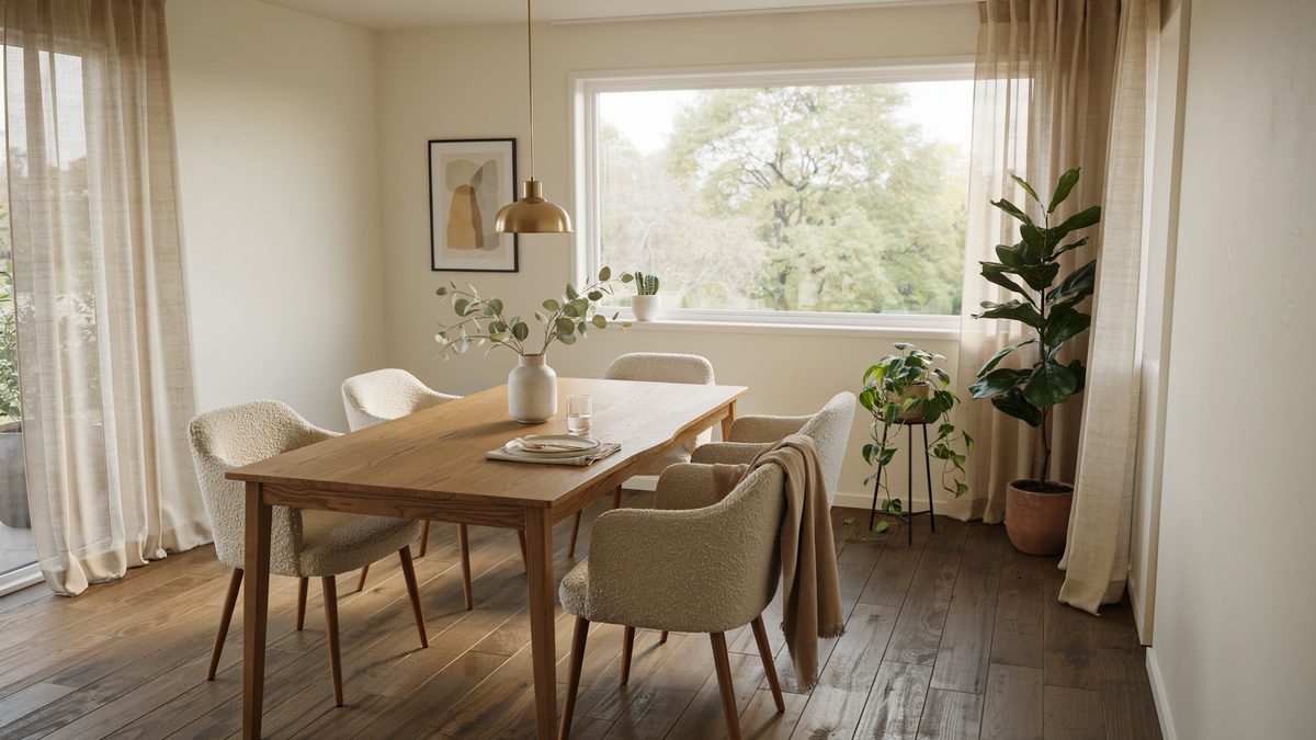 Oak table with woven chairs beside a picture window and potted plants