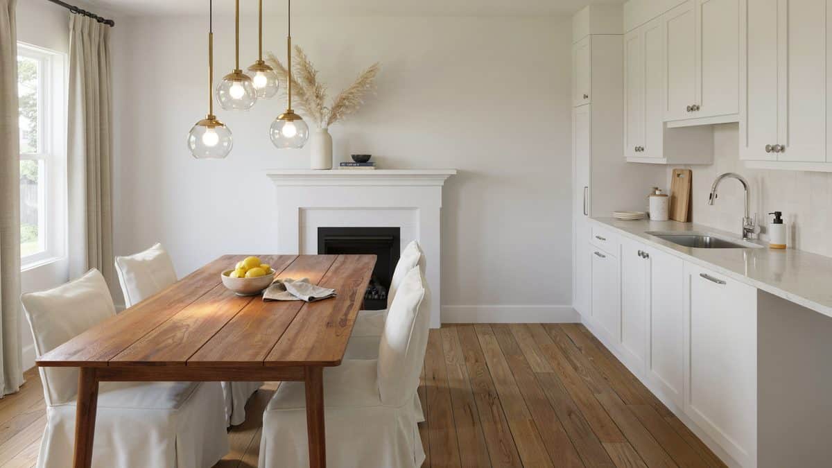 Rustic table and slipcovered chairs beside a white mantel and glass pendants