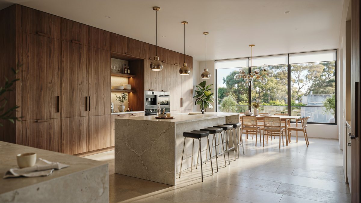 Vertical dark wood grain cabinetry with beige granite and chrome bar stools