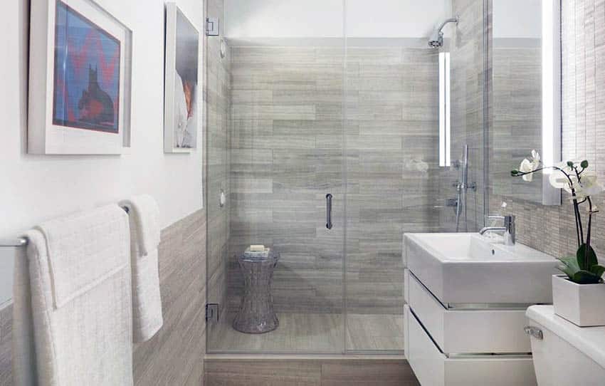 Modern shower with porcelain tile with wood grain style