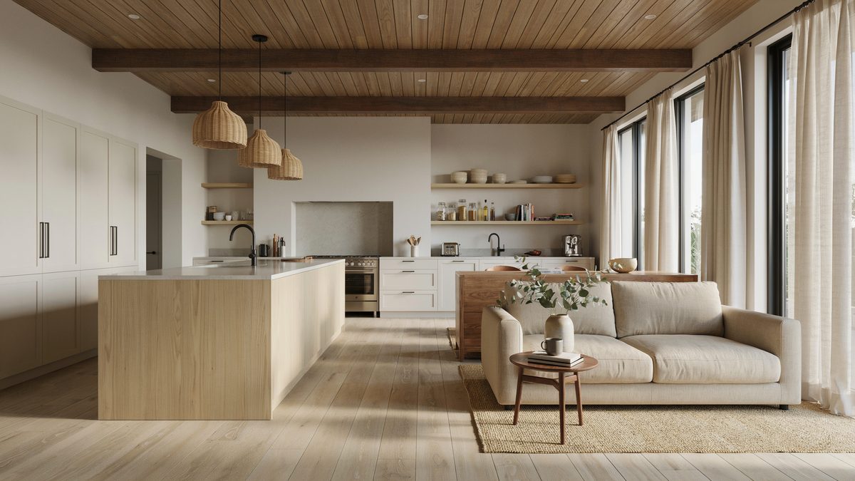 Central island with sink under a wood plank ceiling with exposed beams