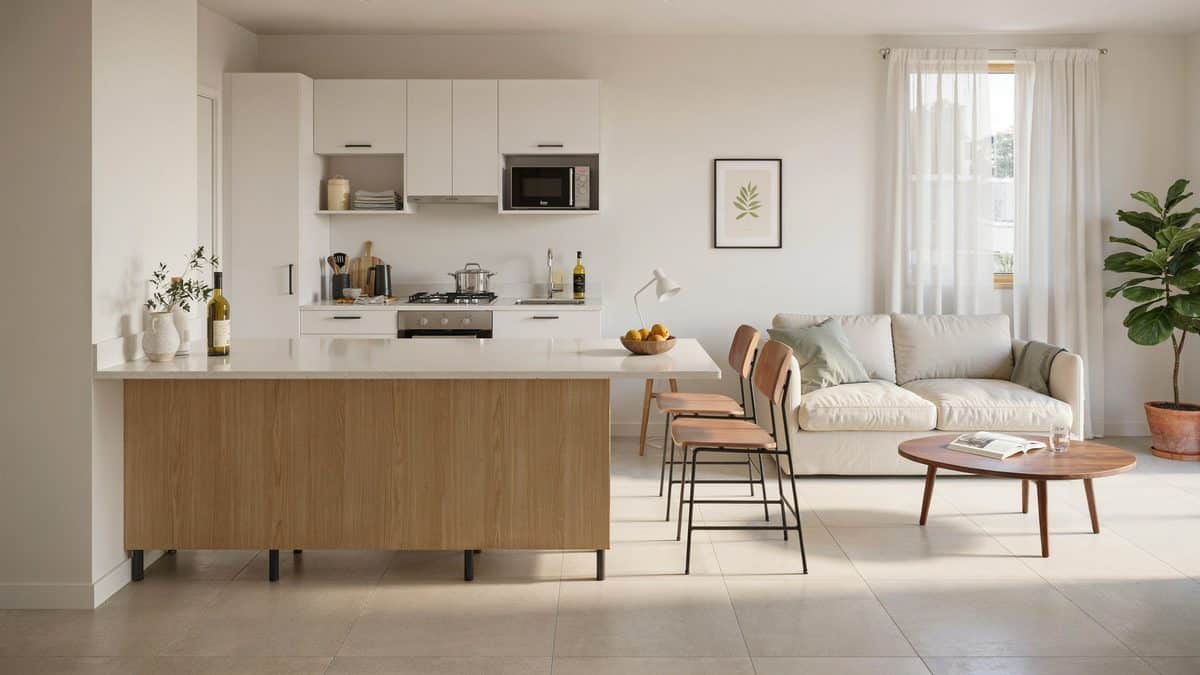 Bar counter divider between the cooking zone and the living area