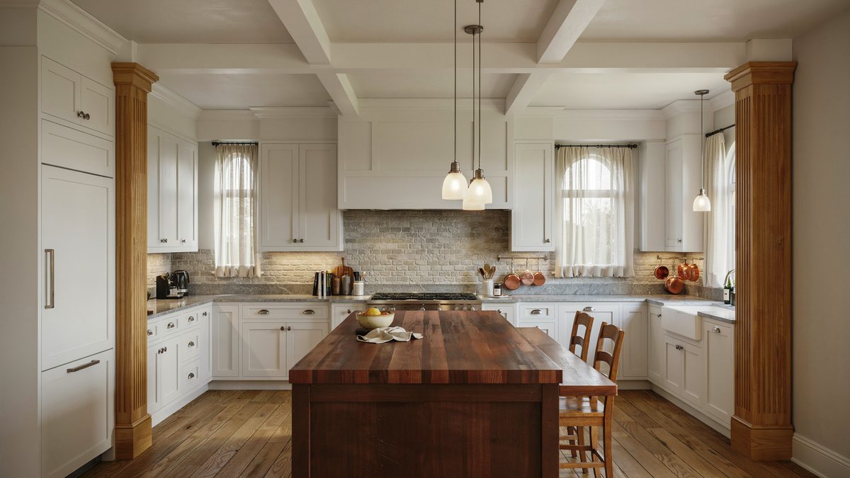 Tall wood pillars framing a large dark mahogany dining island
